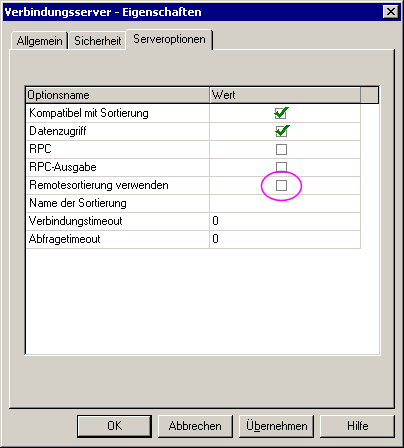 Verbindungsserver-Einstellungen die in meinem Fall die UPDATE-Anweisung erfolgreich ausführen ließen